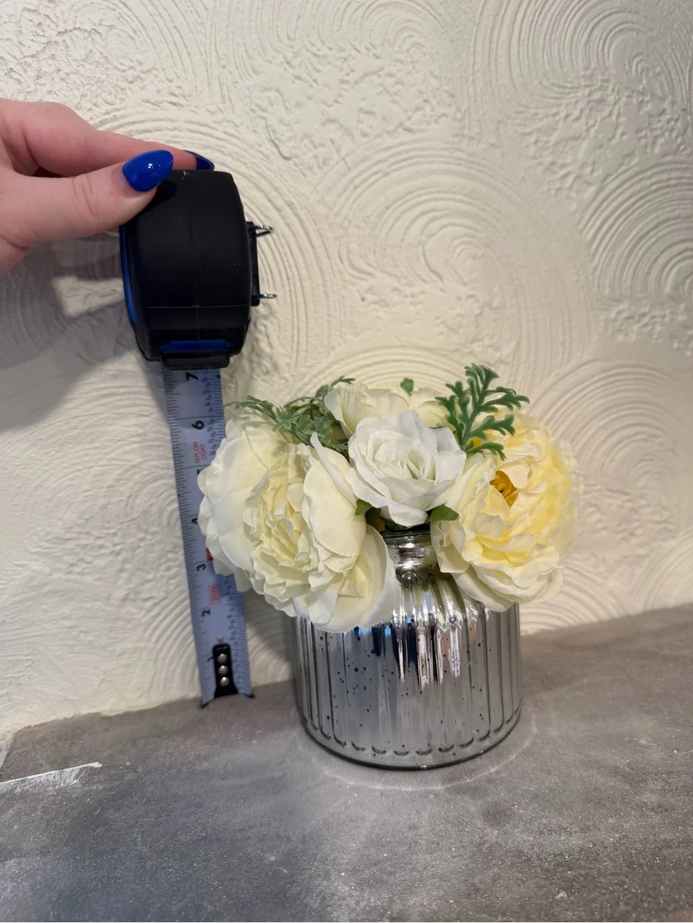Cream/Ivory Artificial Peony & Rose Floral Arrangement in Silver Ribbed Vase
